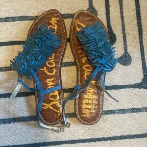 Blue Sam Edelman sandals with T-Strap fringe detail and ankle buckle. Size 10.5
